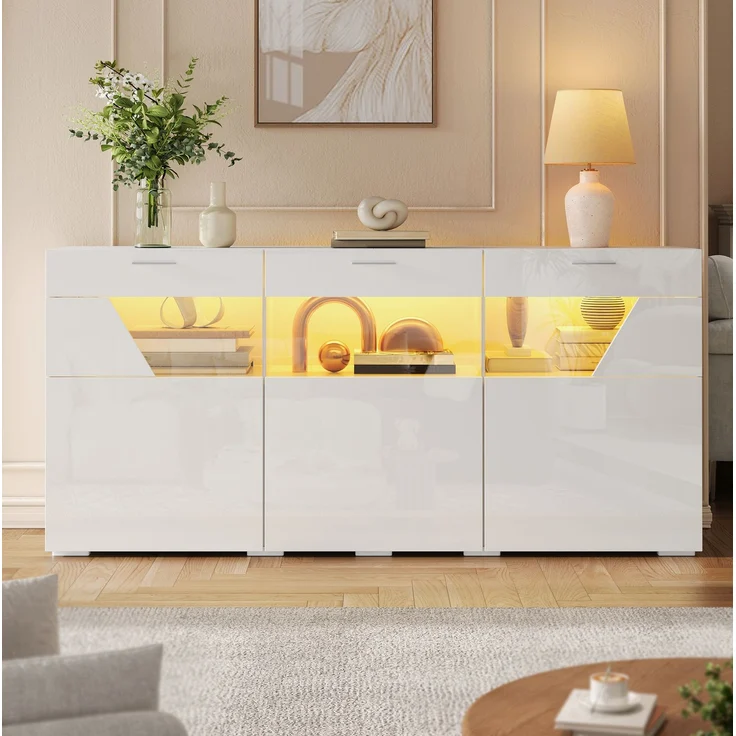DESVIAE Sideboard Weiß aus Spanplatte – 160x78x38 cm – 3 Türen, LED-Beleuchtung – Bild 2