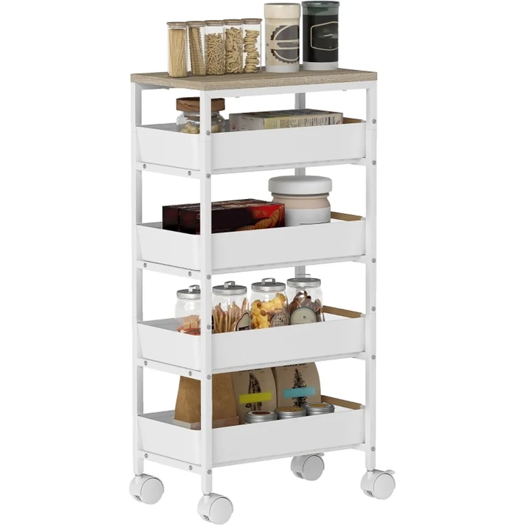 Rollwagen 39,5 x 24 x 82 cm mit 4 Schubladen, Metallrahmen und Holzoptik – Bild 5