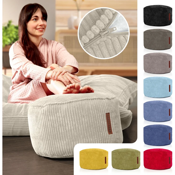 Green Bean® Indoor Sitzhocker Pouf 45x25cm EPS-Perlen Füllung & Cordstoff Kuschelig Weich Waschbar - Beige – Bild 2
