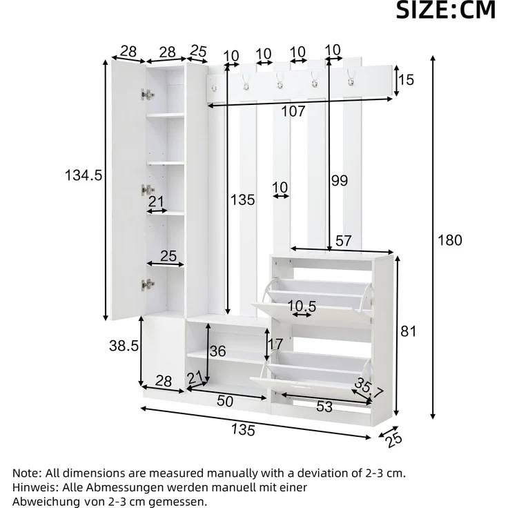 135*25*180cm Garderoben-Set mit Spiegel, Flurschrank, Hängeschrankregal, Kompaktgarderobe, Mit 2 unteren Klapptüren-Schuhschränken + 2 Aufbewahrungsschränke, Geeignet für Türöffnungen, Flure,Weiß – Bild 6