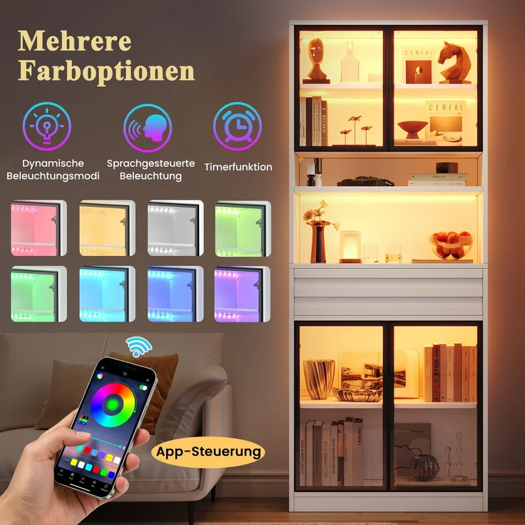 Vitrinen-Set aus MDF, 2 Stück je B 80 x T 35 x H 200 cm, weiß, mit Glastüren und LED-Beleuchtung – Bild 7