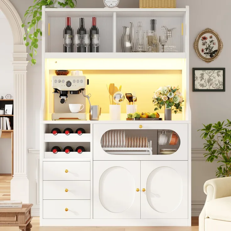 EINHOM Hochküchenschrank 120 cm mit App-gesteuerter RGB-LED, Glasschiebetüren, Weinregal & Klapptüren nach oben, 3 Schubladen, Weiß/Schwarz, Weiß