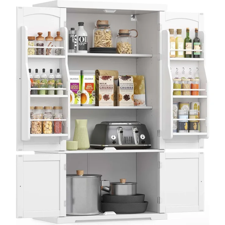 VASAGLE Küchenschrank, Schrank, Mehrzweckschrank freistehend, Ober- und Unterschrank, 4 verstellbare Ablagen, 6 Türfächer, für Wohnzimmer Küche, 40 x 76 x 135,8 cm, weiß BBC671W01