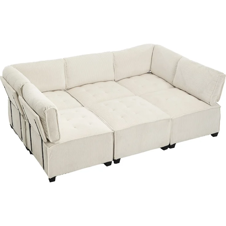 Modulares 6-Sitzer-Sofa aus Cord, frei kombinierbar, 308 x 154 x 82 cm, Beige – Bild 6