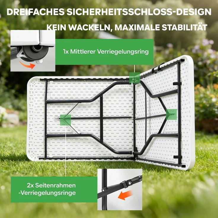 Eiryss Klappbarer Gartentisch 180x74cm, Outdoor Campingtisch für 8 Personen, weiß mit Kunststoffplatte & Metallrahmen, belastbar 150kg, 3 Sicherheitsverschlüsse, Buffetstisch für Garten, Balkon – Bild 5