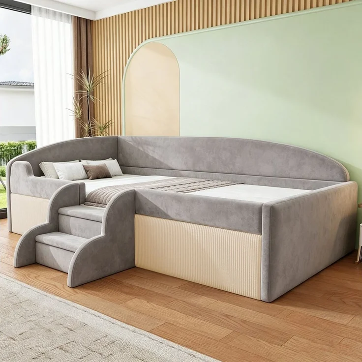 Flieks Polsterbett, Kinderbett Schlafsofa Einzelbett 90x190cm mit Treppe und Lattenrost – Bild 1