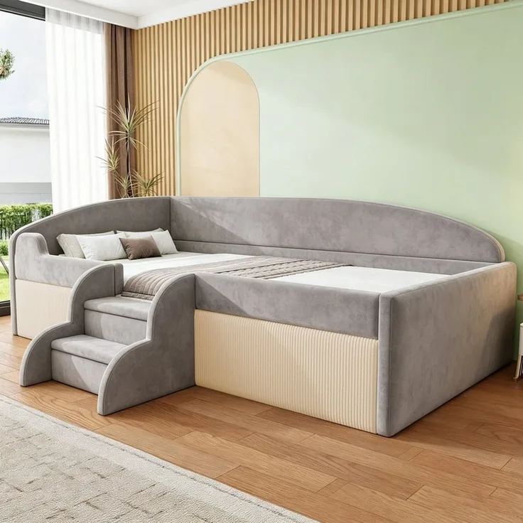 Flieks Polsterbett, Kinderbett Schlafsofa Einzelbett 90x190cm mit Treppe und Lattenrost
