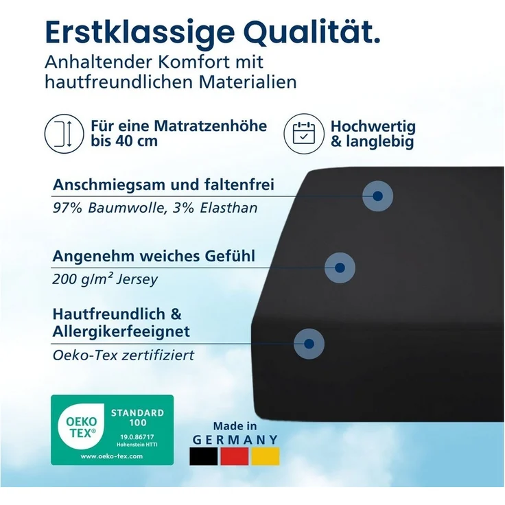 AM Qualitätsmatratzen Spannbettlaken Baumwolle in schwarz, Bettlaken für Boxspringbetten, Made in Germany, Baumwolle, Gummizug: rundum, (1 Stück), 90x200x40 – Bild 2