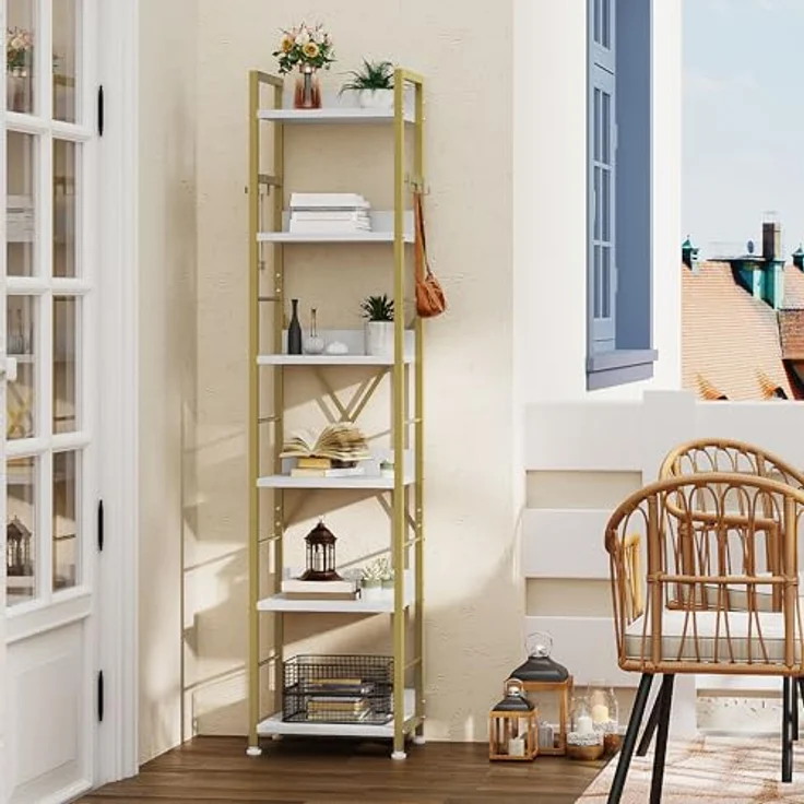 YITAHOME Bücherregal mit 6 Ebenen, Industrielles Standregal, Metallrahmen und Holzregale, Hohes Lagerregal mit 4 Haken, Präsentationsorganizer, für Wohnzimmer, Heimbüro, Gold Regal – Bild 7