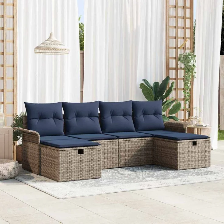 vidaXL Gartensofa-set mit Kissen mit Speicher 6 pcs Poly Rattan 3360256 – Bild 1