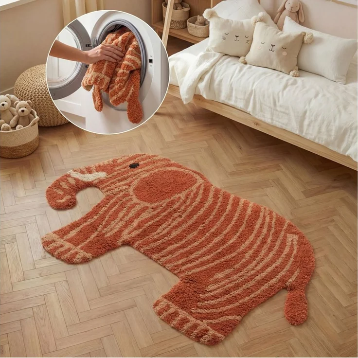 Hanse Home Kinderteppich Elodie - Pflegeleichter Teppich Junge Mädchen, rutschfest & Waschbarer Formteppich Elefant, Kinderzimmer Weicher Spielteppich, Spielunterlage - Rotbraun, 75x120 cm – Bild 1
