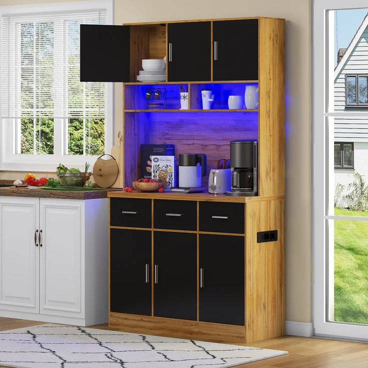 100x40x180cm, multifunktionales Buffet mit LED-Beleuchtung mit APP-Steuerung, Schubladen, verstellbaren Einlegeböden, Kabelführungslöchern und Steckdosen, ideal für Küchen und Esszimmer – Bild 5