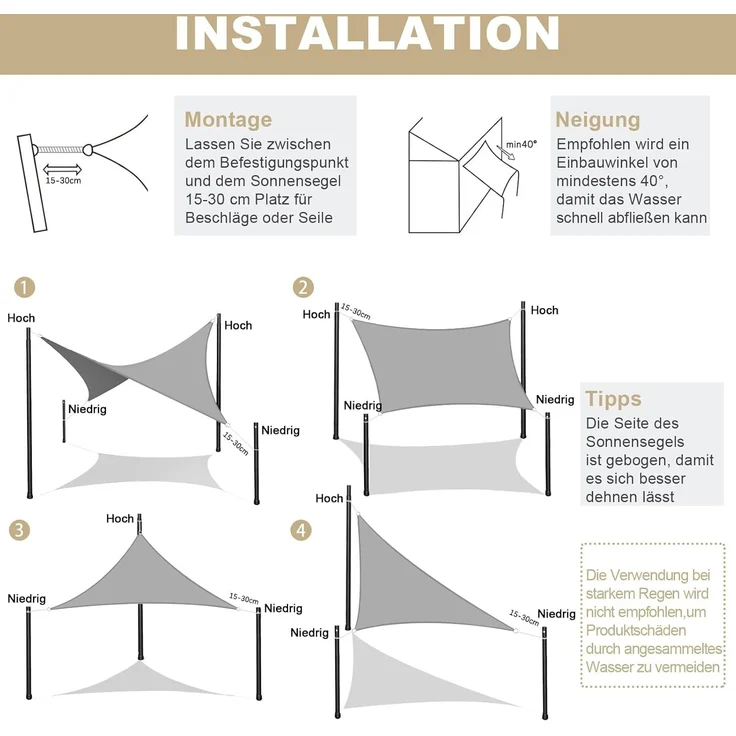 AXT SHADE Sonnensegel Wasserdicht Rechteckig 2,5x3 m Wetterschutz Sonnenschutz PES Polyester mit UV Schutz für Terrasse Balkon Garten-Helles Khaki – Bild 5
