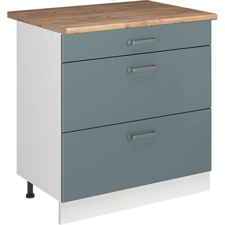 Küchenunterschrank R-Line Blau-Grau/Weiß 80 cm mit 3 Schubladen Arbeitsplatte Goldkraft Eiche Vicco – Bild 1