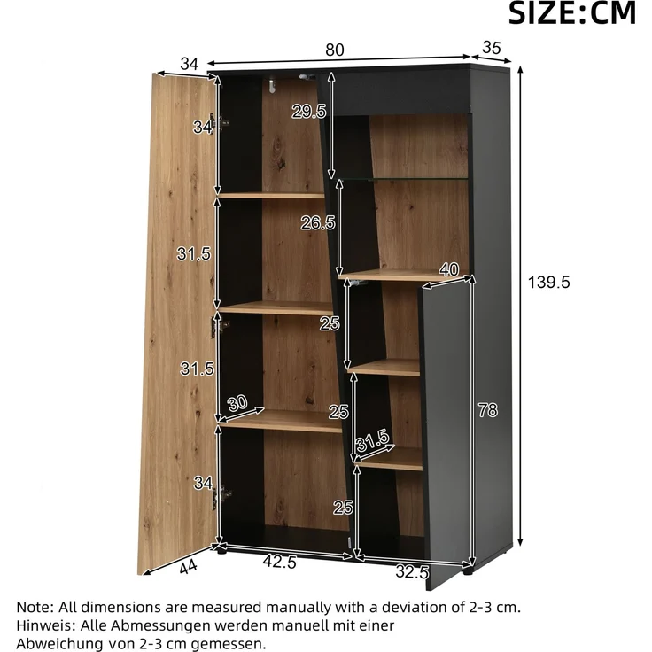 Vitrinenschrank 80 x 35 x 139,5 cm mit Bluetooth-LED und verstellbarem Glasboden – Bild 5