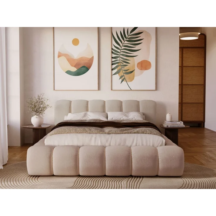 GRAINGOLD Doria Doppelbett 180x200, mit Kopfteil, Lattenrost, Bettkasten, Velour-Stoff, Beige – Bild 3