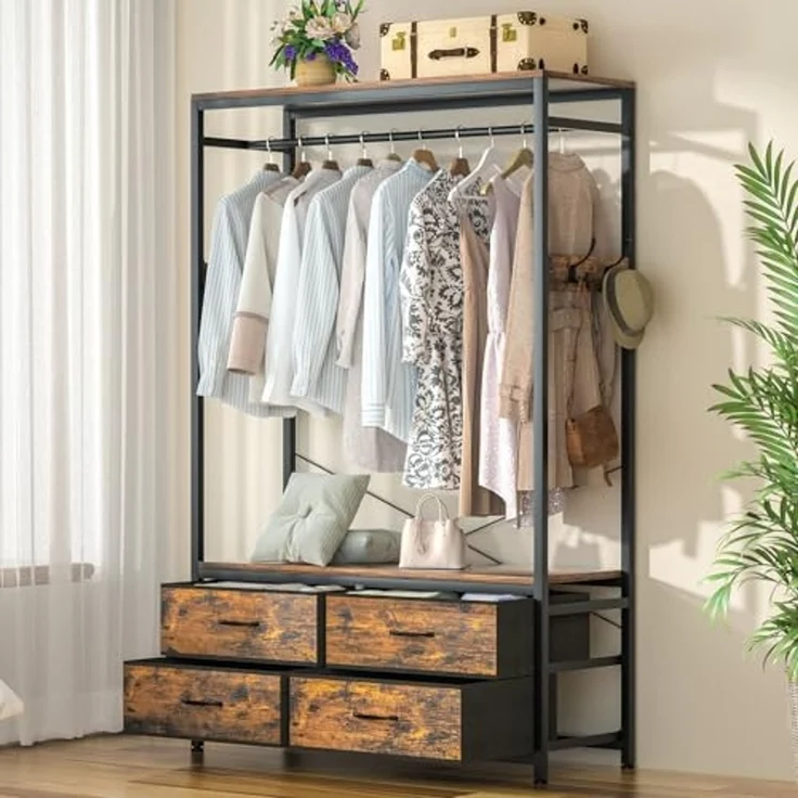 Yorbay Kleiderständer Garderobenständer Kleiderständer 100 x 40 x 180 cm, (Aus MDF und Stahl, mit Kleiderstange, Ablagen, 4 Schubladenboxen), Offener Kleiderschrank für Wohnzimmer, Schlafzimmer, Flur – Bild 1