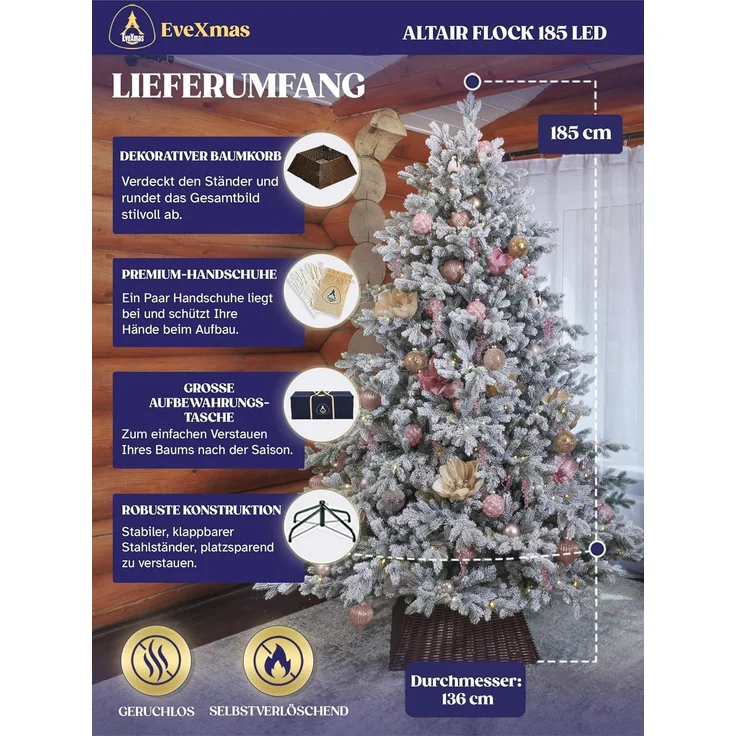 EveXmas Altair Flock Künstlicher Weihnachtsbaum Grün-Weiß 185 cm mit 360 LEDs – beschneite Optik, 100% PE Spritzguss, inkl. Metallständer – Bild 2