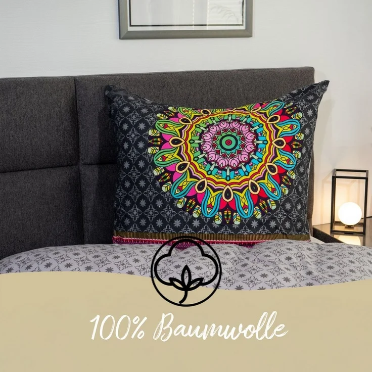 Traumschloss Bettwäsche Comfort Baumwolle, Flanell, 2 teilig, bunte Mandalas auf dunklem Hintergrund – Bild 2