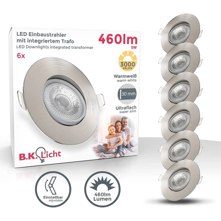 B.K.Licht LED Einbauleuchte 6er Set Einbaustrahler, Schwenkbar, Deckenspots, flache Spots, LED fest integriert, Warmweiß, 3.000K, 460Lm, 5W, Kunststoff, 9 x 2,4 cm, Nickel – Bild 1