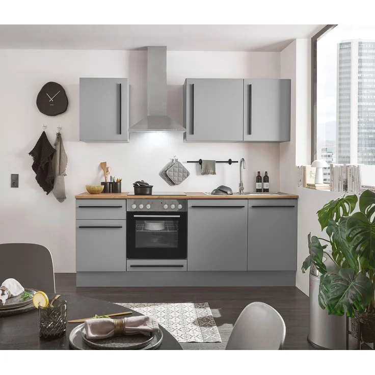 Küchenzeile >Denver< Grau / Grau matt mit Lancelot Eiche Dekor - 220x211x60cm (BxHxT) – Bild 2
