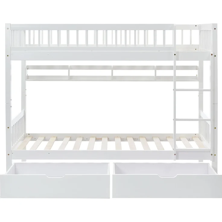 Merax Etagenbett, Kinderbett, mit 3-tufige rechtwinklige Leiter, Links oder rechts montierbare Treppe, mit Fallschutzgitter, Regale und MDF-Schubladen, Kiefernholzrahmen, Weiß, 90x200cm – Bild 7