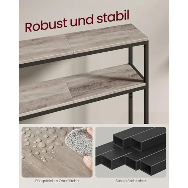VASAGLE Konsolentisch, schmaler Sofatisch mit 2 Ablagen, 20 x 80 x 80 cm, Flurtisch, 2 Ebenen, für Flur, Wohnzimmer, Schlafzimmer, Greige meliert-tintenschwarz LNT130K02 – Bild 4