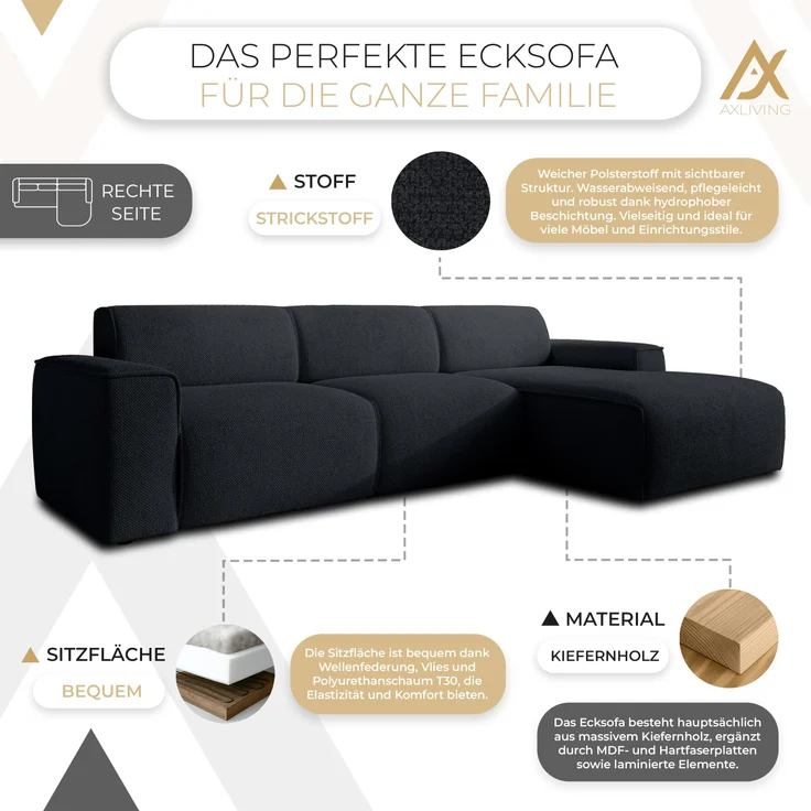 AX LIVING Couch Sofa L Form Didim mini Schwarz 310 cm breit, stilvoll R – Bild 5