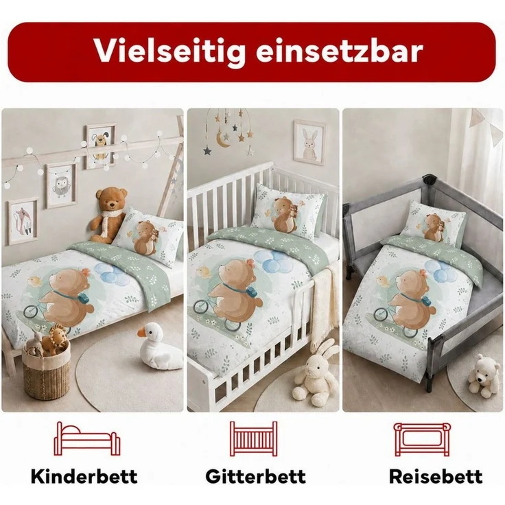 texpot Bettwäsche Kinderbettwäsche Teddybär mit Fahrrad bedruckt Garnitur, Baumwolle, 2 teilig – Bild 2