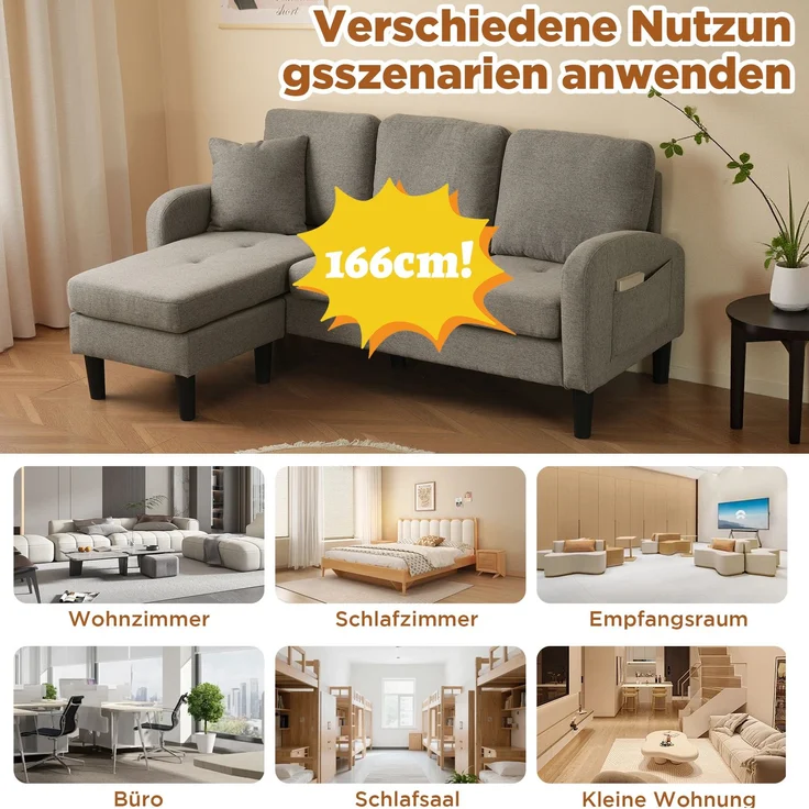 DESVIAE Sofa mit flexibel montierbarer Chaiselongue 166x77x118 cm Baumwoll-Leinen-Bezug Antik-Dunkelgrau – Bild 5