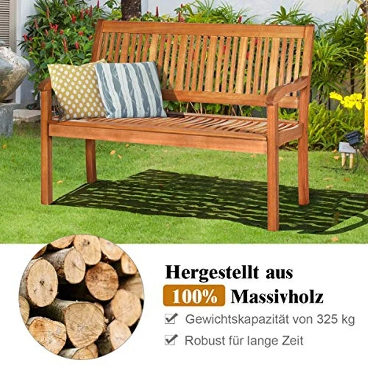 Balkonbank Holz, Holzbank wetterfest, Sitzbank für 2-3 Sitzer, Gartenbank aus Eukalyptus bis 320 kg belastbar, Parkbank für Terrasse, Balkon, Garten, 126 x 63 x 91 cm, Natur – Bild 6