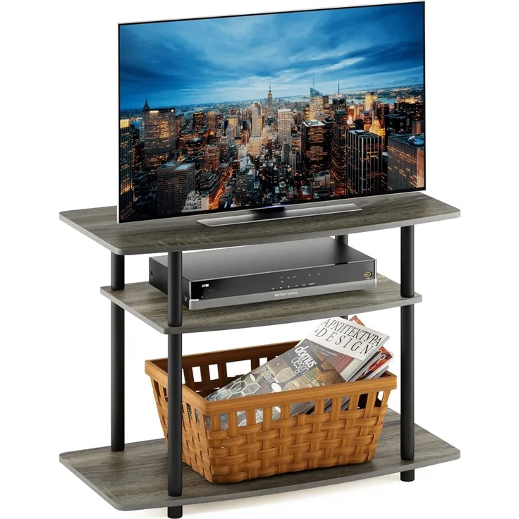 Furinno TV-Schrank mit 3 Ebenen, holz, Französische Eiche Grau/Schwarz, 40.13 x 80 x 59.18 cm