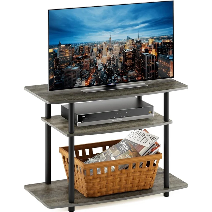 Furinno TV-Schrank mit 3 Ebenen, holz, Französische Eiche Grau/Schwarz, 40.13 x 80 x 59.18 cm