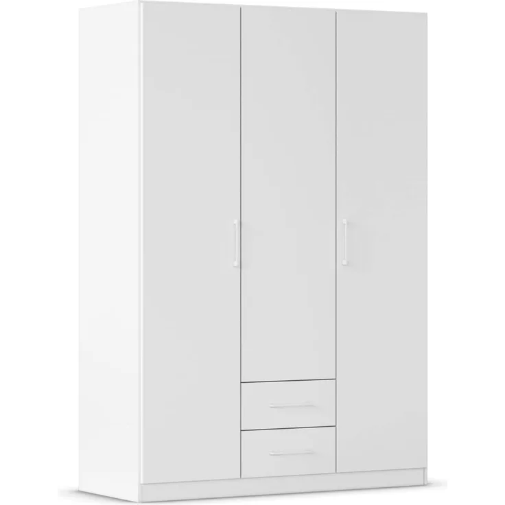 Rauch Möbel Belfast Kleiderschrank, Schrank, Garderobe, Organizer, 3-türig, 2 Schubladen für mehr Stauraum, Farbe Weiß, Stangengriff Weiß, 136 x 197 x 54 cm