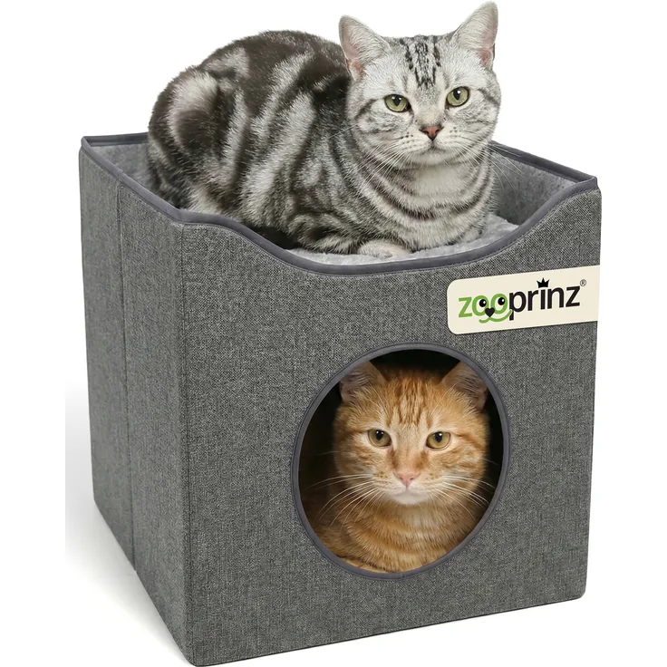 zooprinz Katzenhaus Leo, kompaktes Indoor-Katzenhaus mit gemütlicher Liegefläche und geschützter Höhle, grau