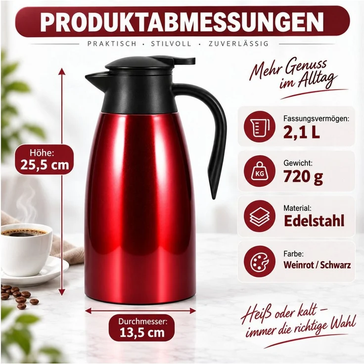 LEMLIT Isolierkanne 2,1 L Thermoskanne 304 Edelstahl, Vakuumisoliert, Auslaufsicher, 2.1 l, (1er Set, 1-St, Doppelwandige Vakuumisolierung), 24 Std. Warmhaltung, Für Kaffee, Tee, Milch Und Kaltgetränke – Bild 2