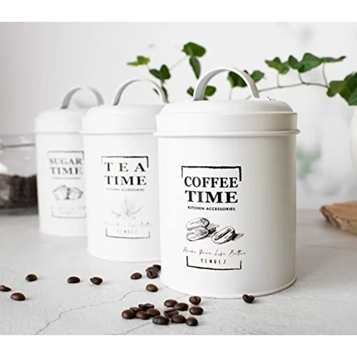 3 Vorratsdosen aus Metall Kaffeedose Zuckerdose Teedose Vorratsgefäß Vorratsbehälter Weiß – Bild 3