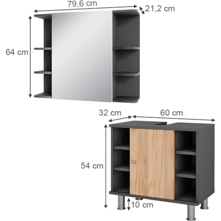 Vichy Badmöbelset Fynn, Waschbeckenunterschrank und Spiegelschrank in Anthrazit/Goldkraft Eiche, 2 Teile – Bild 3