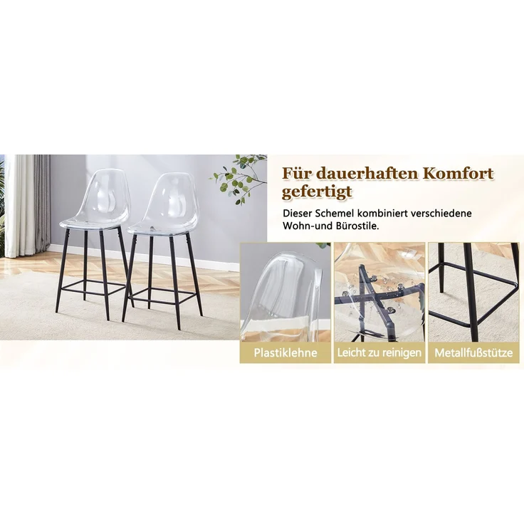 Transparentes Barhocker-Set, 2er Pack, mit Metallgestell in Silber/Gold/Schwarz, Moderne Design-Stühle für Küche, Bar oder Esszimmer (Nur Stühle, ohne Tisch)--Schwarz--102x45x51cm--YOUDENOVA – Bild 6