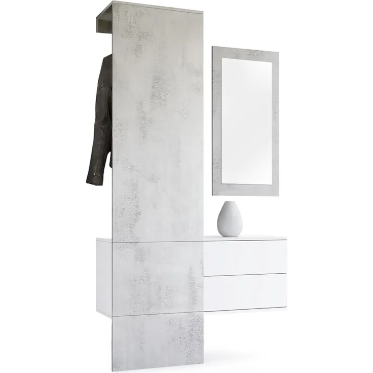 Vladon Garderobe Carlton Set 2, Garderobenset bestehend aus 1 Garderobenpaneel, 1 Schubkastenschrank und 1 Wandspiegel, Weiß matt/Beton Oxid-Optik (105 x 193 x 35 cm)