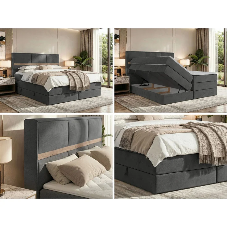 Doppelbett Boxspringbett ORVO KING 180 x 200 cm mit Stauraum, Multipocket-Matratze und Pocket 7 Härtezonen, H4, zwei Bettkästen - Topper Visco - Dunkelgrau Velvet – Bild 2