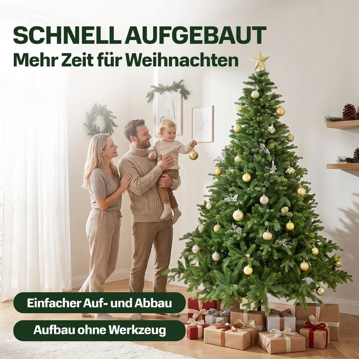 Aurelia Home Künstlicher Weihnachtsbaum 220 cm – PE/PVC in Nordmann-Optik, mit Holzständer und Tasche – Bild 5