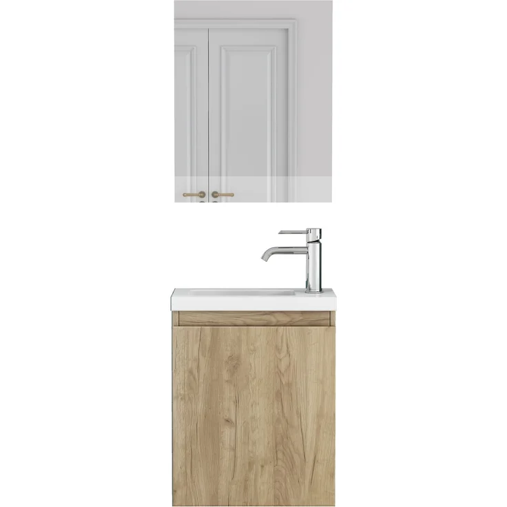 Wandmontierter Waschtischunterschrank, H 48 x T 39.8 x B 24.8 cm, MDF in Oak-Holzoptik, mit Keramikbecken und Spiegel – Bild 6