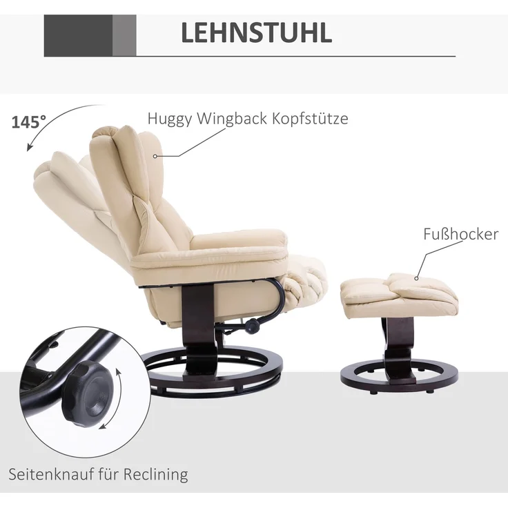 MELAYR, Relaxsessel mit Hocker, Liegefunktion, drehbar, bis 160 kg, Kunstleder, 80 x 79 x 100 cm, Cremeweiß – Bild 6