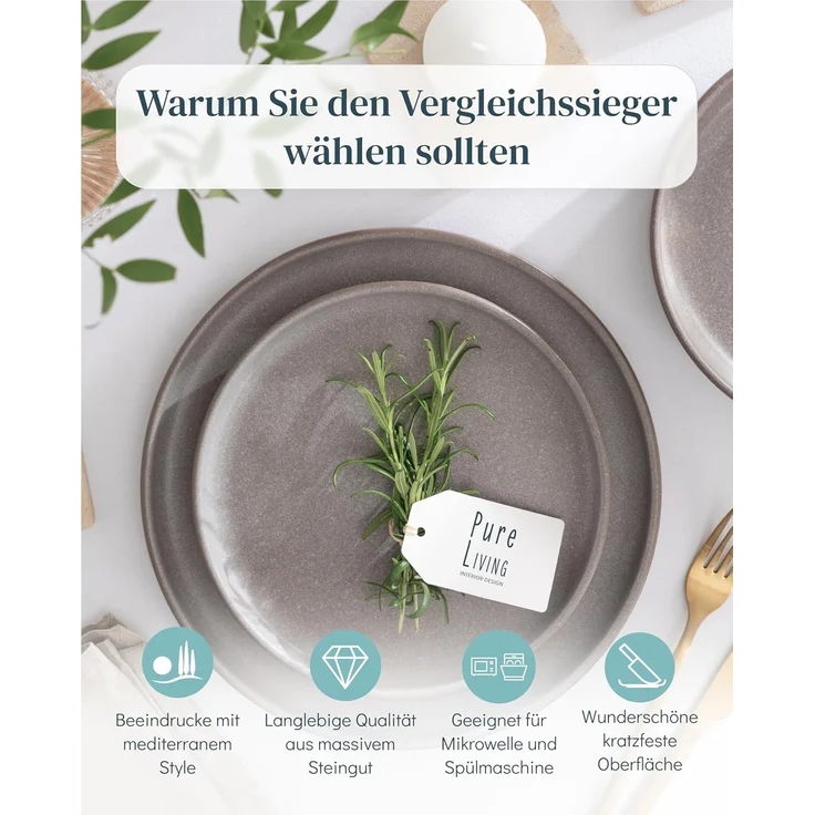 PURE LIVING INTERIOR DESIGN Geschirr-Set 6 Pers. 24-tlg - Hochwertiges Steingut Geschirrset - Tafelservice (24-tlg), 6 Personen, Steingut, Geschirr Set - Schüssel- und Teller Set – Bild 2