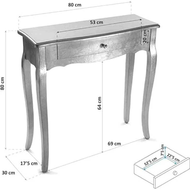 Versa Cagliari Schmales Möbelstück für den Eingangsbereich oder Flur, Moderner Konsolentisch, mit 1 Schublade, Maßnahmen (H x L x B) 80 x 30 x 80 cm, Holz, Farbe: Silber – Bild 4