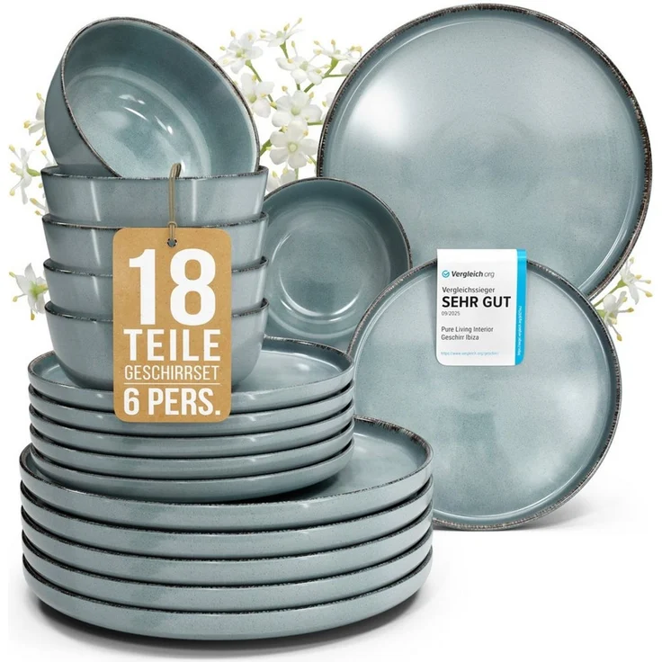 PURE LIVING INTERIOR DESIGN Geschirr-Set Pure Living »Rustic« (18-tlg), 6 Personen, Steingut, Rauchblau, 6 Personen, Steingut, Authentischer Landhausstil, Reaktive Glasur – jedes Stück ein Unikat,… – Bild 1