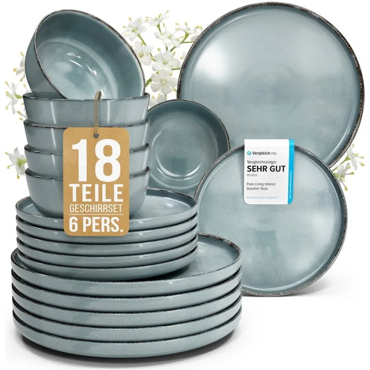 PURE LIVING INTERIOR DESIGN Geschirr-Set Pure Living »Rustic« (18-tlg), 6 Personen, Steingut, Rauchblau, 6 Personen, Steingut, Authentischer Landhausstil, Reaktive Glasur – jedes Stück ein Unikat,…