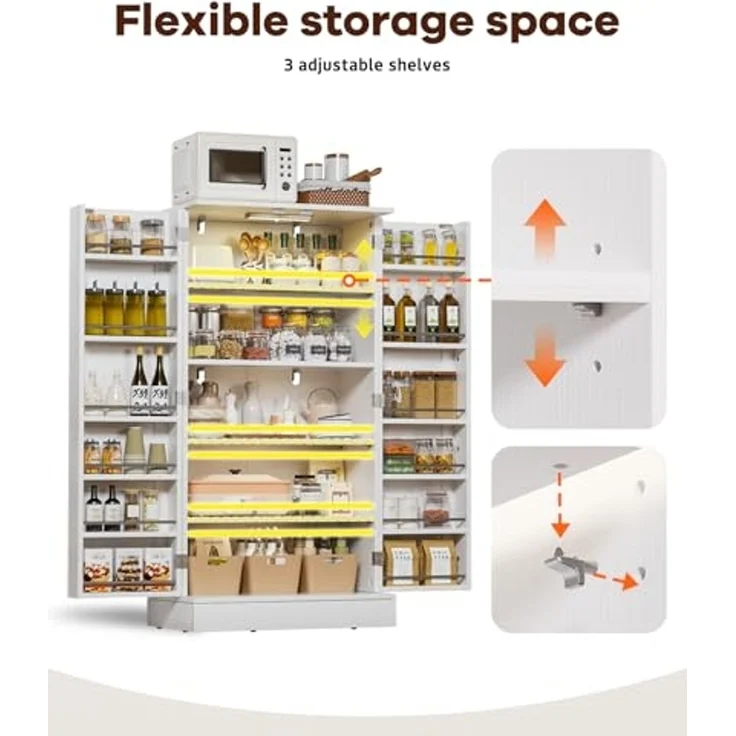 Yorbay Mehrzweckschrank Küchenschrank mit LED-Sensorlicht & höhenverstellbaren Regalen (118 x 60 x 38 cm) Freistehender Vorratsschrank mit Doppeltüren für Küche & Wohnzimmer – Bild 4