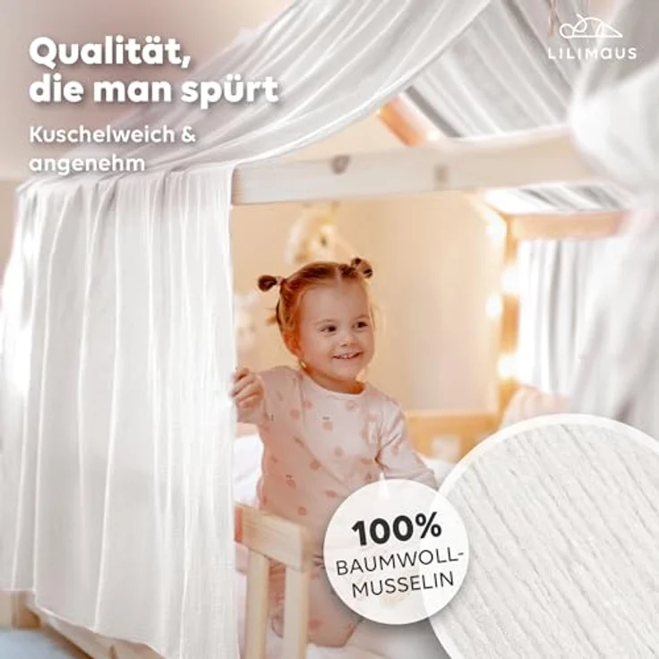 lilimaus Betthimmel Hausbetthimmel Baumwoll Musselin Betthimmel Kinder Hausbett 2er Set, Stilvolle Musselin-Deko für Kinderzimmer, ideal als Geschenkidee – Bild 3